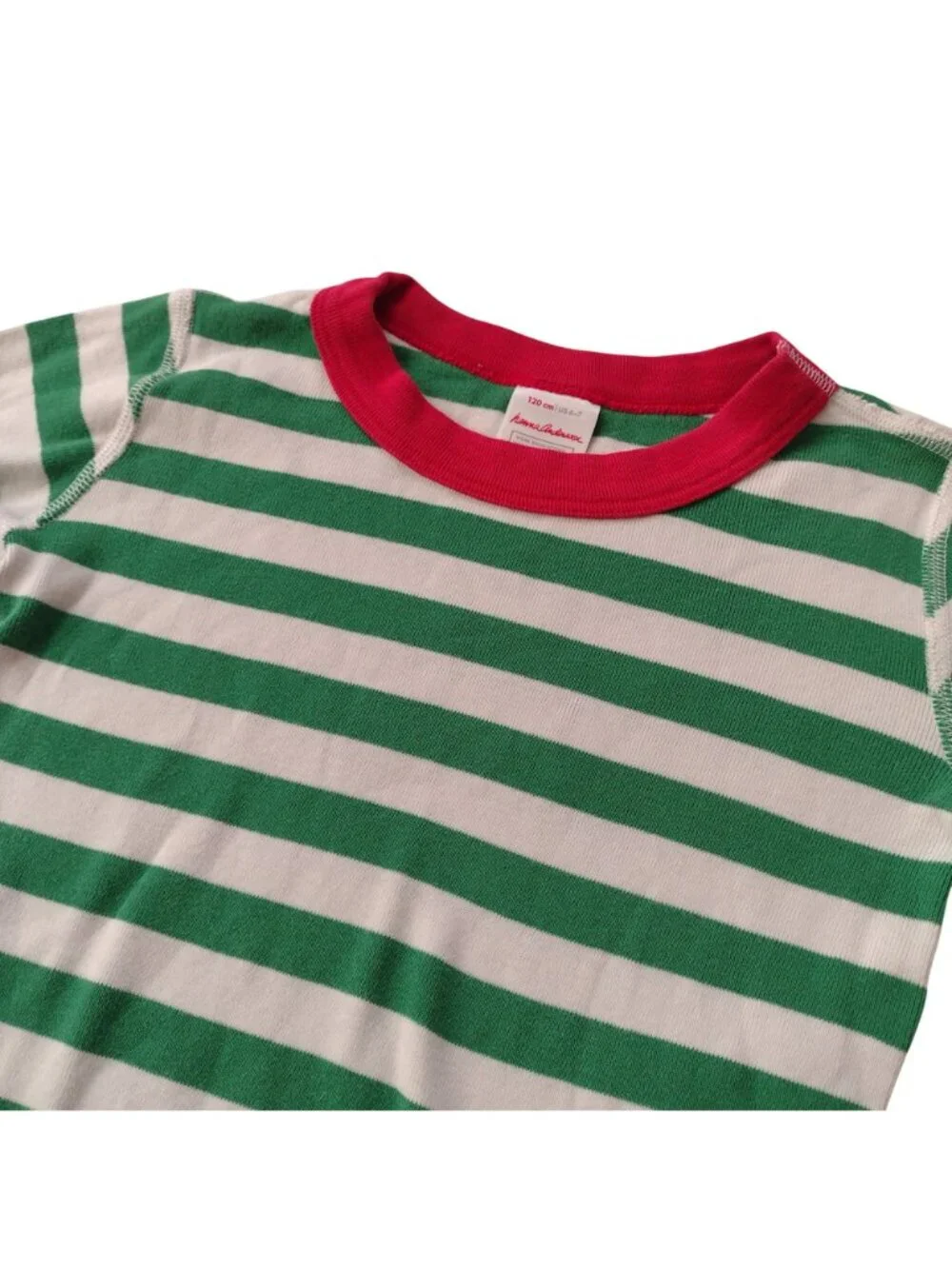 Hanna Andersson Christmas Stripe Pajamas Sz 6-7 Green White Long John Cotton Pjs